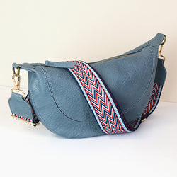 Bag ~ 81488 Denim blue vegan leather half moon bag with zig-zag strap